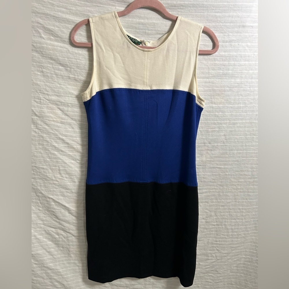 Lauren Ralph Lauren Sleeveless Colorblock Blue/White Sheath Dress Womens Size 8